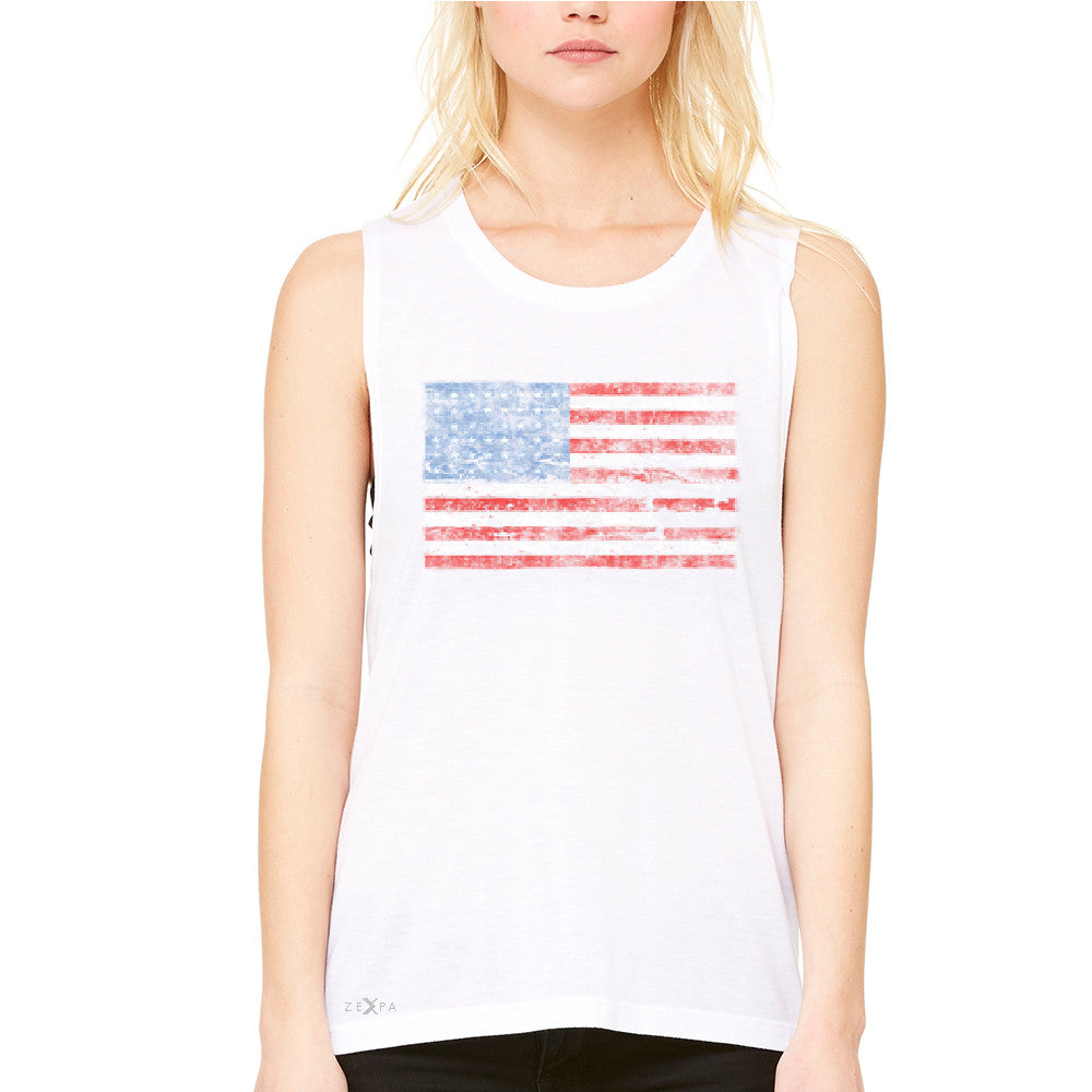 Distressed Atilt American Flag USAÂ  Women's Muscle Tee Patriotic Tanks - Zexpa Apparel - 6