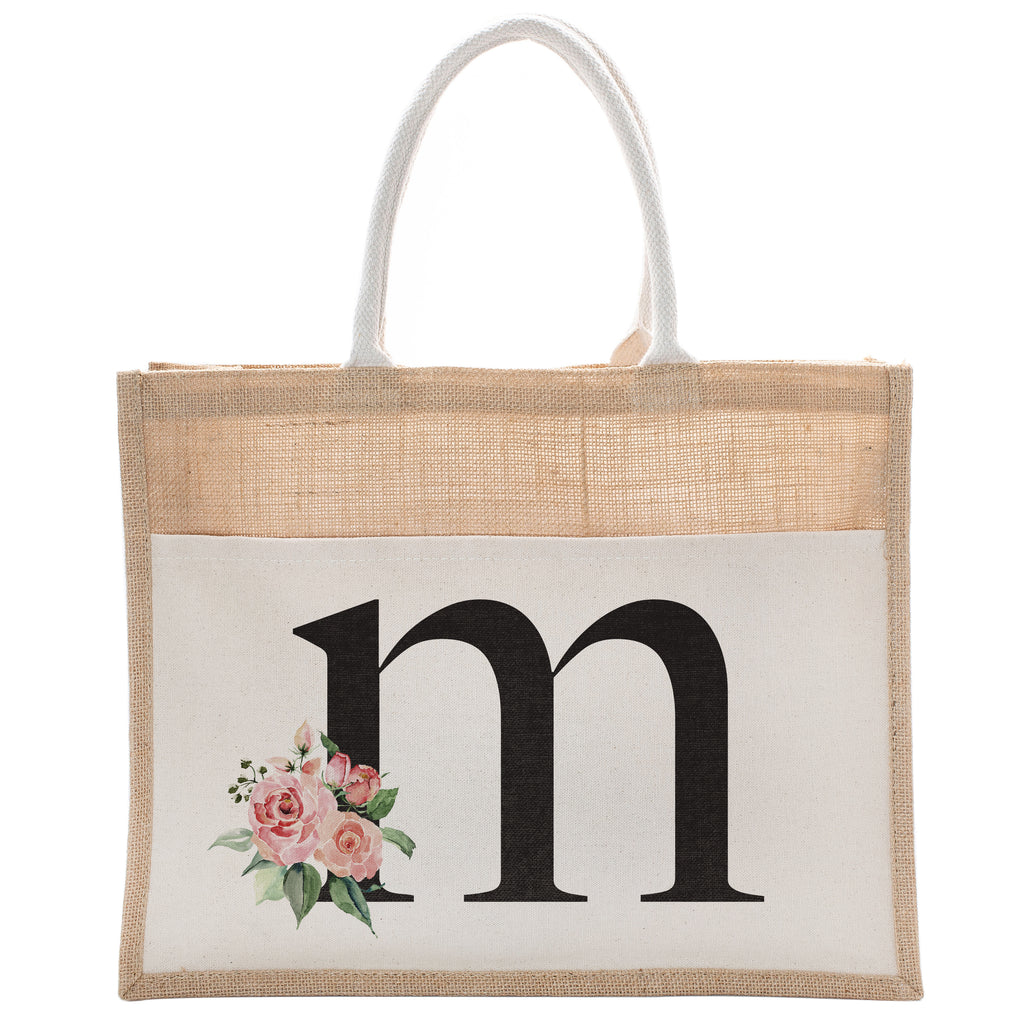 Daily Use Canvas Tote Bag With Floral Initial For Beach Workout Yoga Vacation Gym | Luxury Totes Gift for Christmas Events and Parties