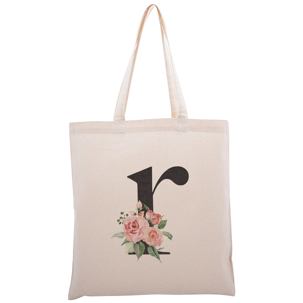 Personalized Floral Initial Cotton Canvas Tote Bag for Events Bachelorette Party Baby Shower Bridal Shower Bridesmaid Christmas Gift Bag | Totes for Yoga Pilates Gym Workout | Reusable Bags for Shool