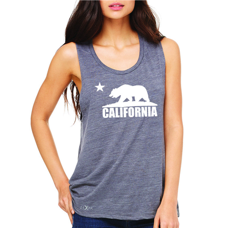 California Bear White Star Women's Muscle Tee State Flag Cali CA Tanks - Zexpa Apparel Halloween Christmas Shirts