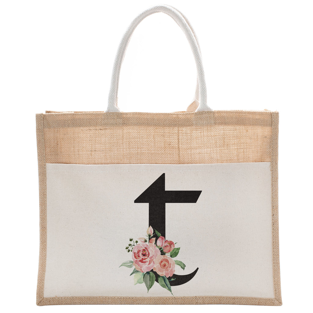 Daily Use Canvas Tote Bag With Floral Initial For Beach Workout Yoga Vacation Gym | Luxury Totes Gift for Christmas Events and Parties