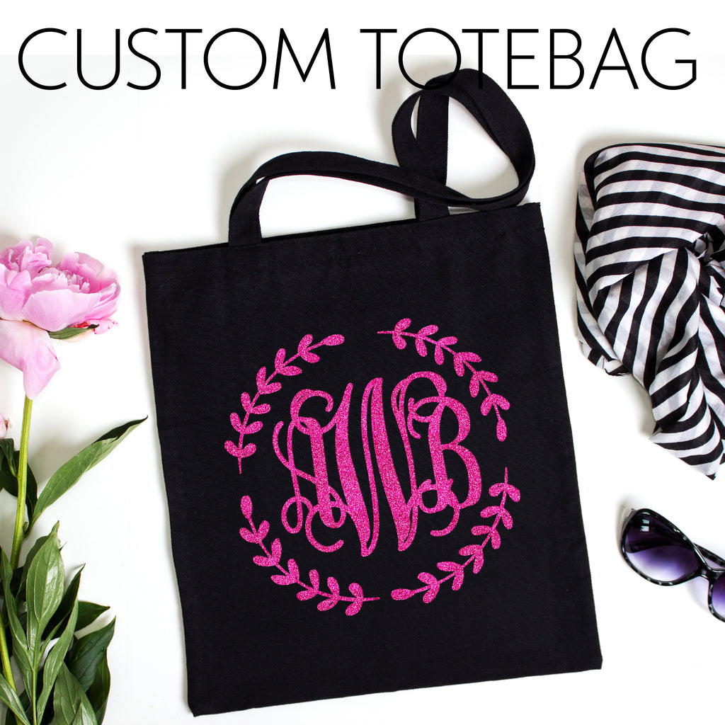 Personalized Monogram Black Tote Bag | Initial Long Handle Totes for Beach, Yoga, Gym, Workout, Pilates |Customized Baby Shower, Christmas, Bridal Gift Bags | Bachelorette Party and Events Gifts Bag
