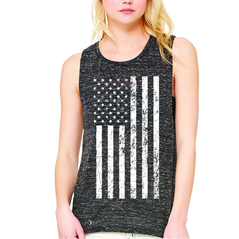 Distressed White American Flag Women's Muscle Tee Patriotic July,4 Sleeveless - Zexpa Apparel Halloween Christmas Shirts