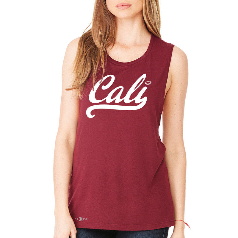 Cali White Lettering Women's Muscle Tee California State Baseball Tanks - Zexpa Apparel Halloween Christmas Shirts