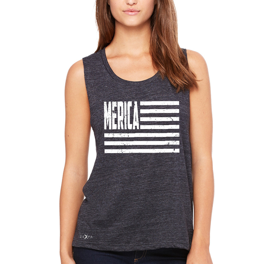 Zexpa Apparelâ„¢ Merica White Stripes Flag Women's Muscle Tee Patriotic Tanks - Zexpa Apparel Halloween Christmas Shirts