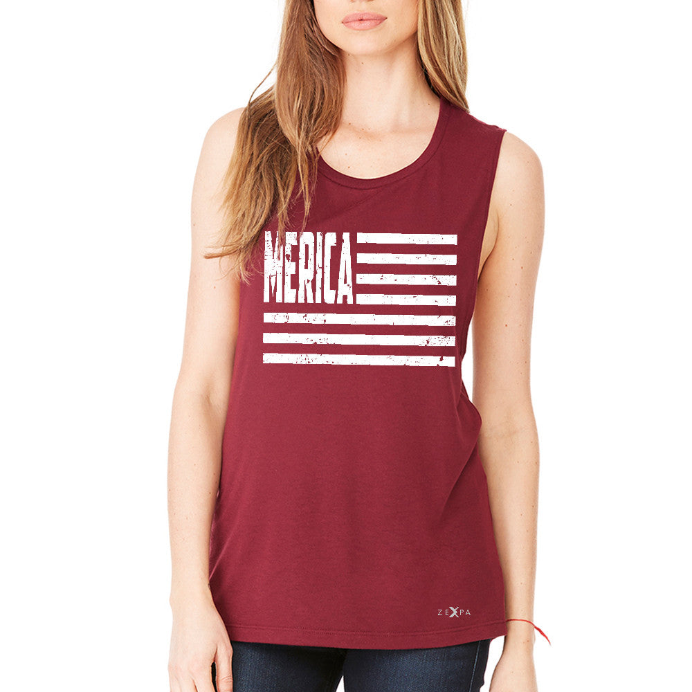 Zexpa Apparelâ„¢ Merica White Stripes Flag Women's Muscle Tee Patriotic Tanks - Zexpa Apparel Halloween Christmas Shirts