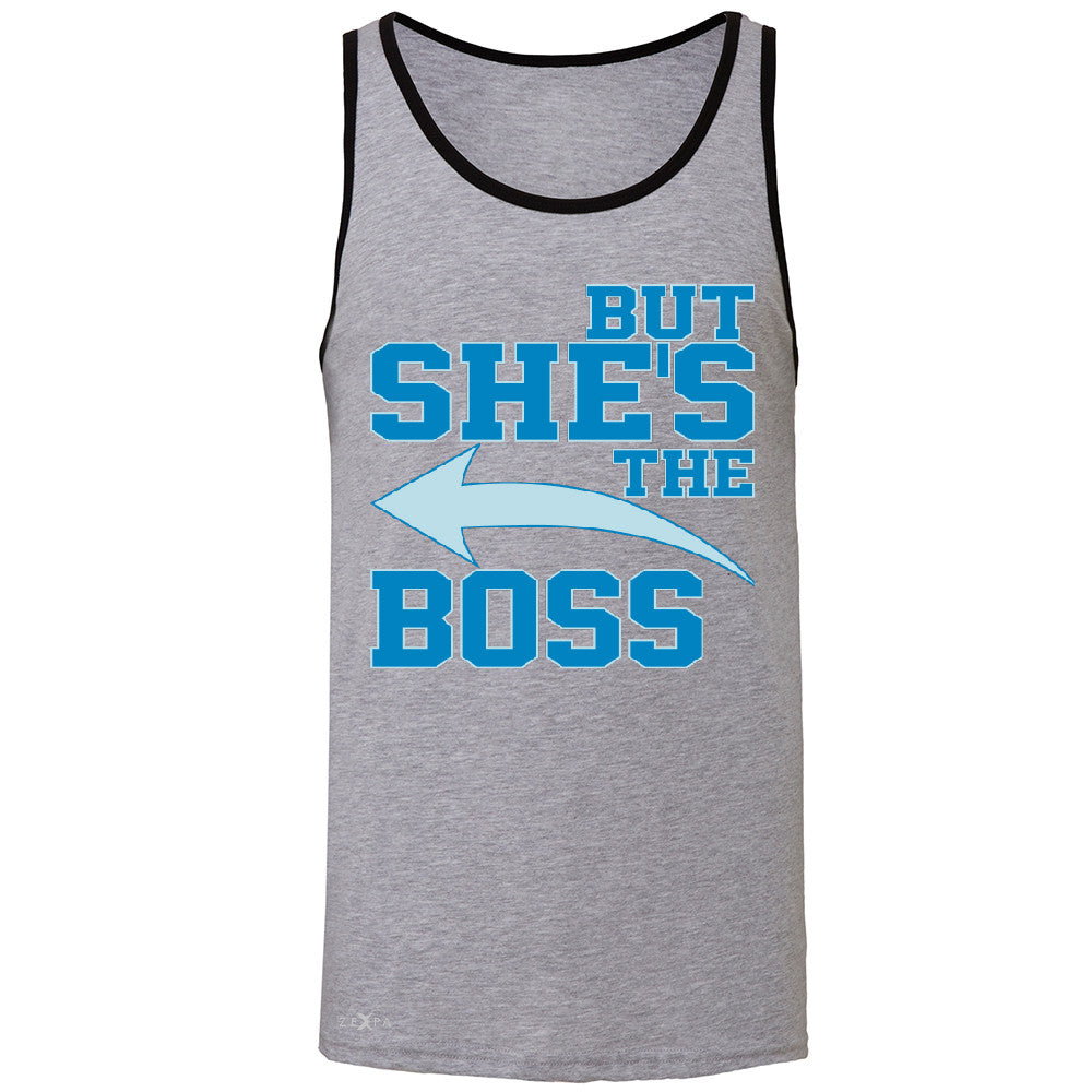 But She is The Boss Men's Jersey Tank Couple Matching Valentines Day Feb Sleeveless - Zexpa Apparel Halloween Christmas Shirts