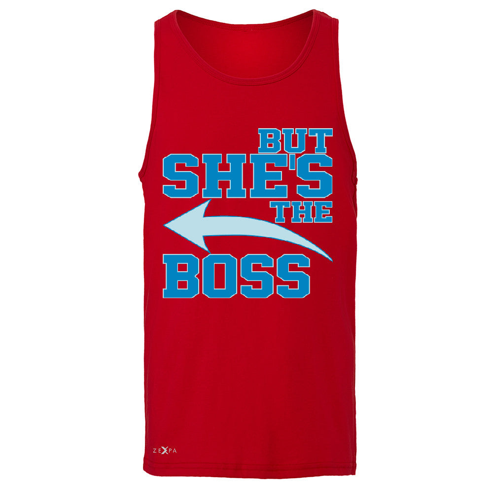 But She is The Boss Men's Jersey Tank Couple Matching Valentines Day Feb Sleeveless - Zexpa Apparel Halloween Christmas Shirts