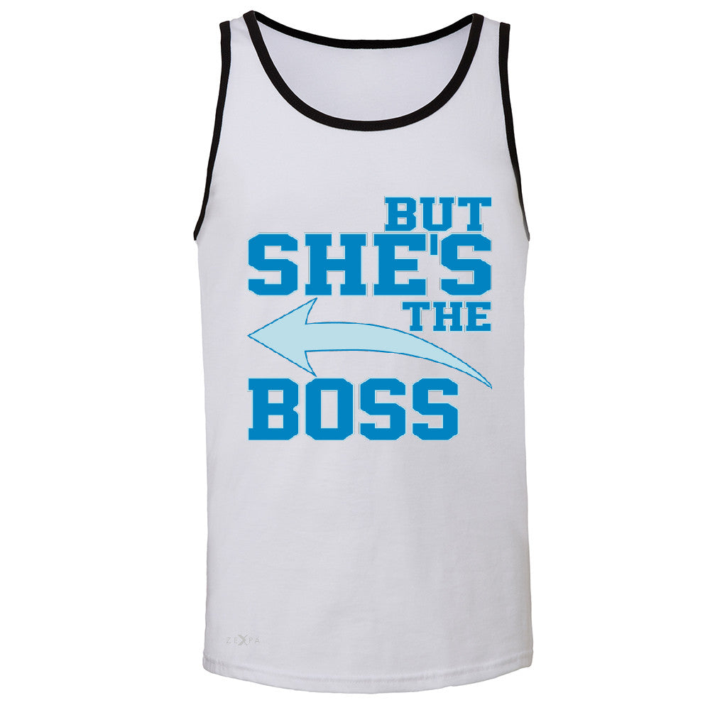 But She is The Boss Men's Jersey Tank Couple Matching Valentines Day Feb Sleeveless - Zexpa Apparel Halloween Christmas Shirts