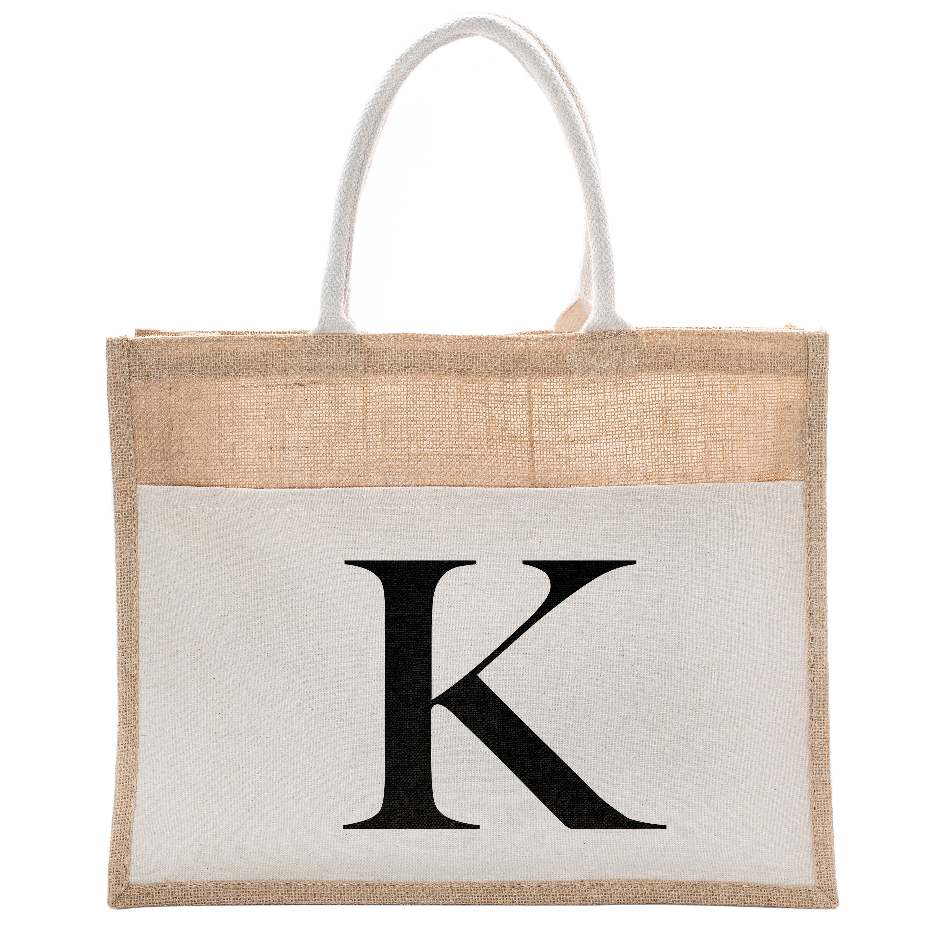Black Linen Canvas Tote Bag Floral Initial For Beach Workout Yoga