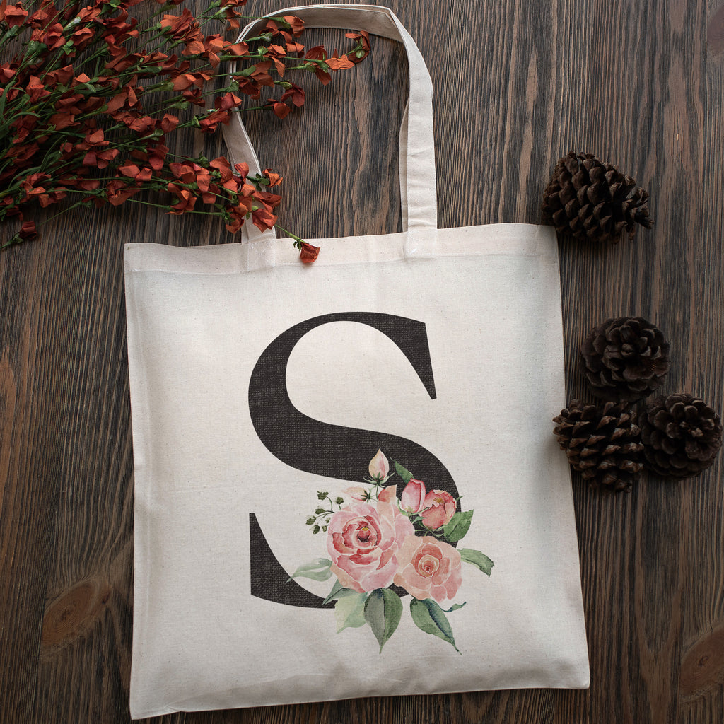 Personalized Floral Initial Cotton Canvas Tote Bag for Events Bachelorette Party Baby Shower Bridal Shower Bridesmaid Christmas Gift Bag | Totes for Yoga Pilates Gym Workout | Reusable Bags for Shool