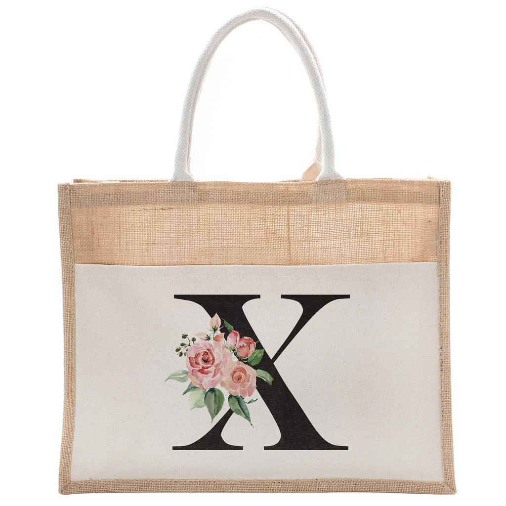 Daily Use Canvas Tote Bag With Floral Initial For Beach Workout Yoga Vacation Gym | Luxury Totes Gift for Christmas Events and Parties