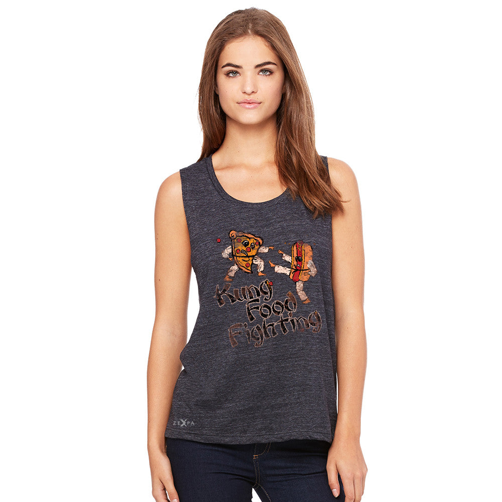 Kung Food Fighting Pizzas Kung Fu Women's Muscle Tee Funny Sleeveless - zexpaapparel - 2