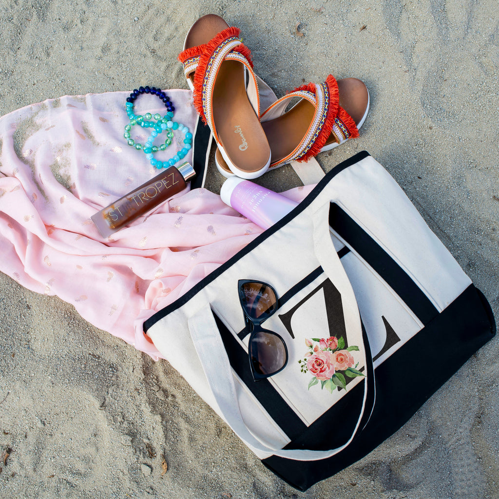 Black Linen Canvas Tote Bag Floral Initial For Beach Workout Yoga Vacation | Daily Use Totes Gift For Events