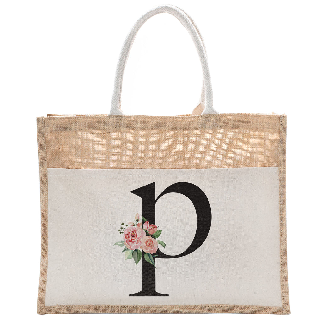 Daily Use Canvas Tote Bag With Floral Initial For Beach Workout Yoga Vacation Gym | Luxury Totes Gift for Christmas Events and Parties