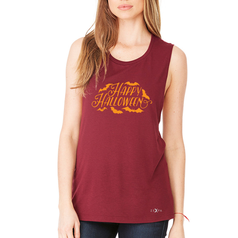 Happy Halloween Bats Greetings  Women's Muscle Tee Halloween Costume Tanks - Zexpa Apparel - 4