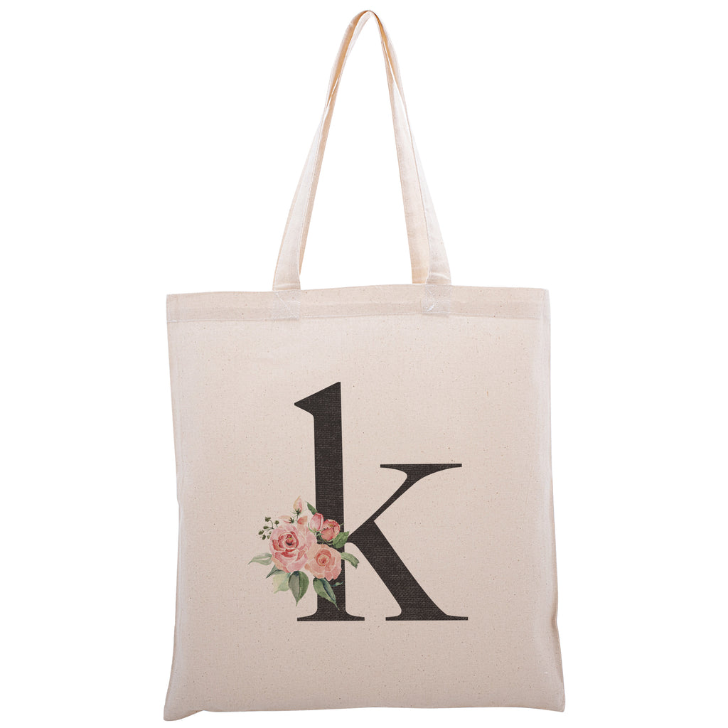 Personalized Floral Initial Cotton Canvas Tote Bag for Events Bachelorette Party Baby Shower Bridal Shower Bridesmaid Christmas Gift Bag | Totes for Yoga Pilates Gym Workout | Reusable Bags for Shool