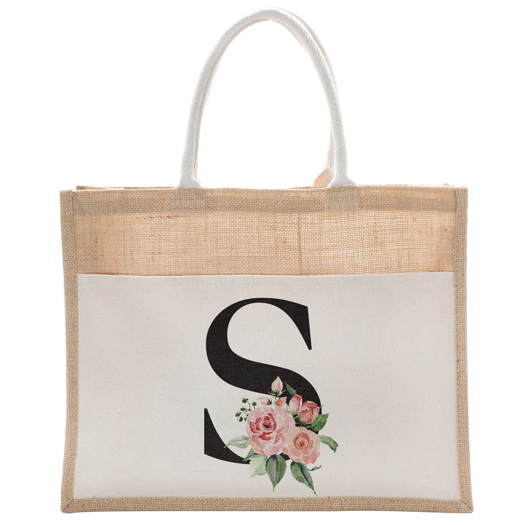 Daily Use Canvas Tote Bag With Floral Initial For Beach Workout Yoga Vacation Gym | Luxury Totes Gift for Christmas Events and Parties