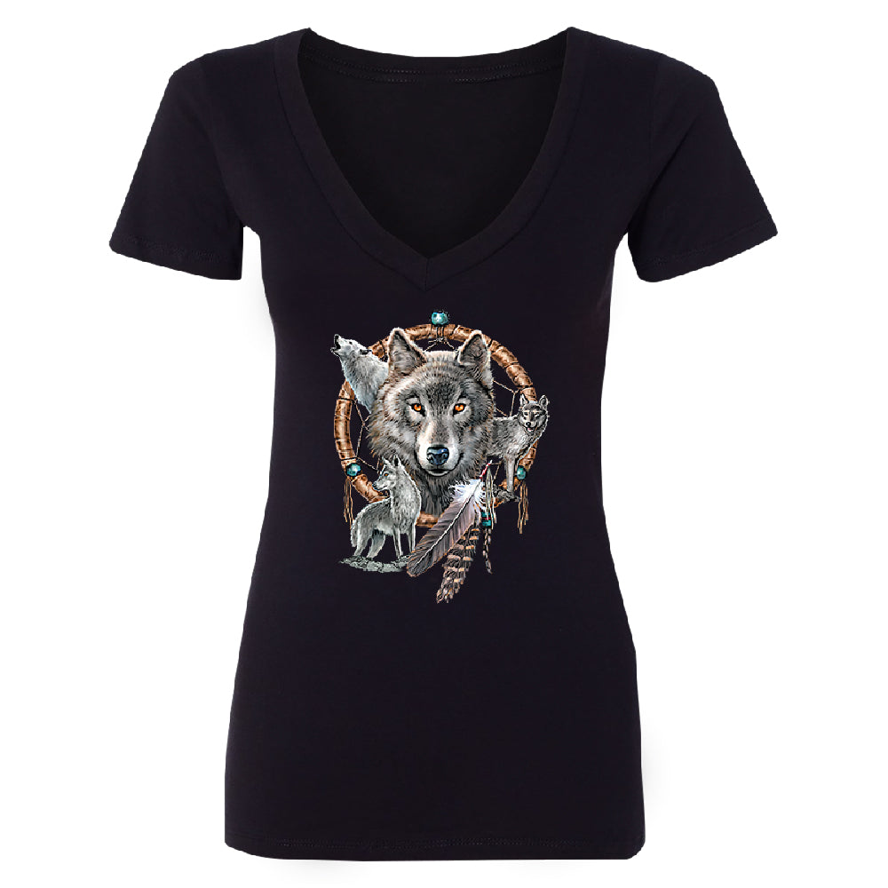 Dreamcatcher Wovles Howling Tattoo Women's Deep V-neck Souvenir Tee 