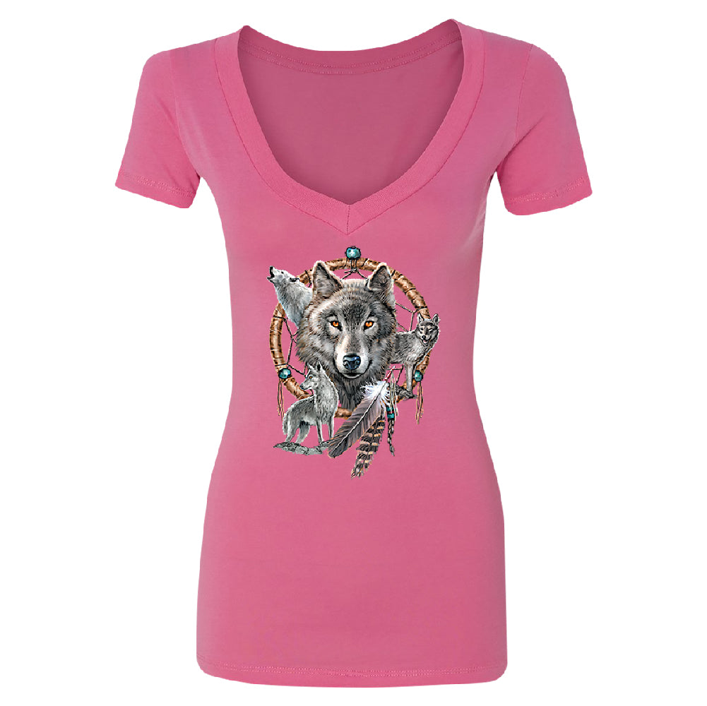 Dreamcatcher Wovles Howling Tattoo Women's Deep V-neck Souvenir Tee 