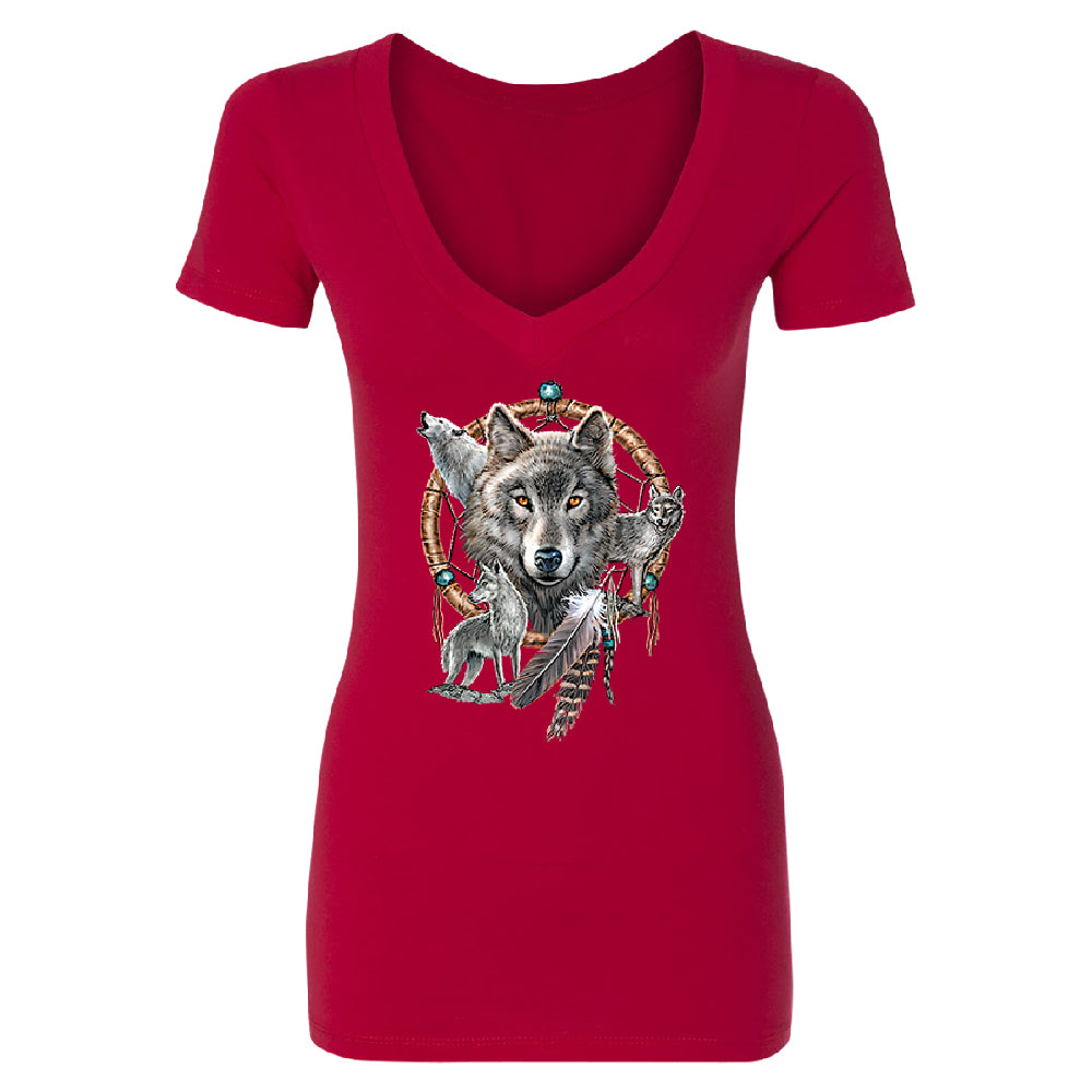Dreamcatcher Wovles Howling Tattoo Women's Deep V-neck Souvenir Tee 