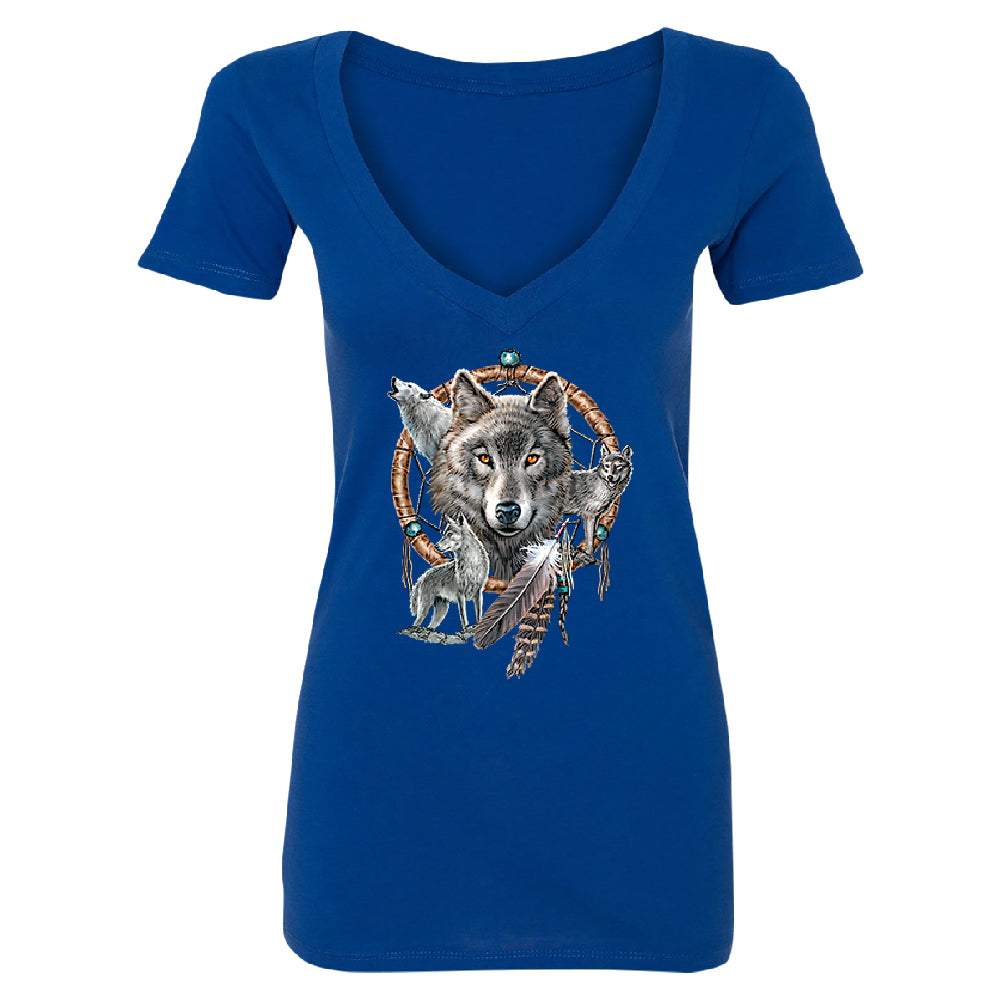 Dreamcatcher Wovles Howling Tattoo Women's Deep V-neck Souvenir Tee 