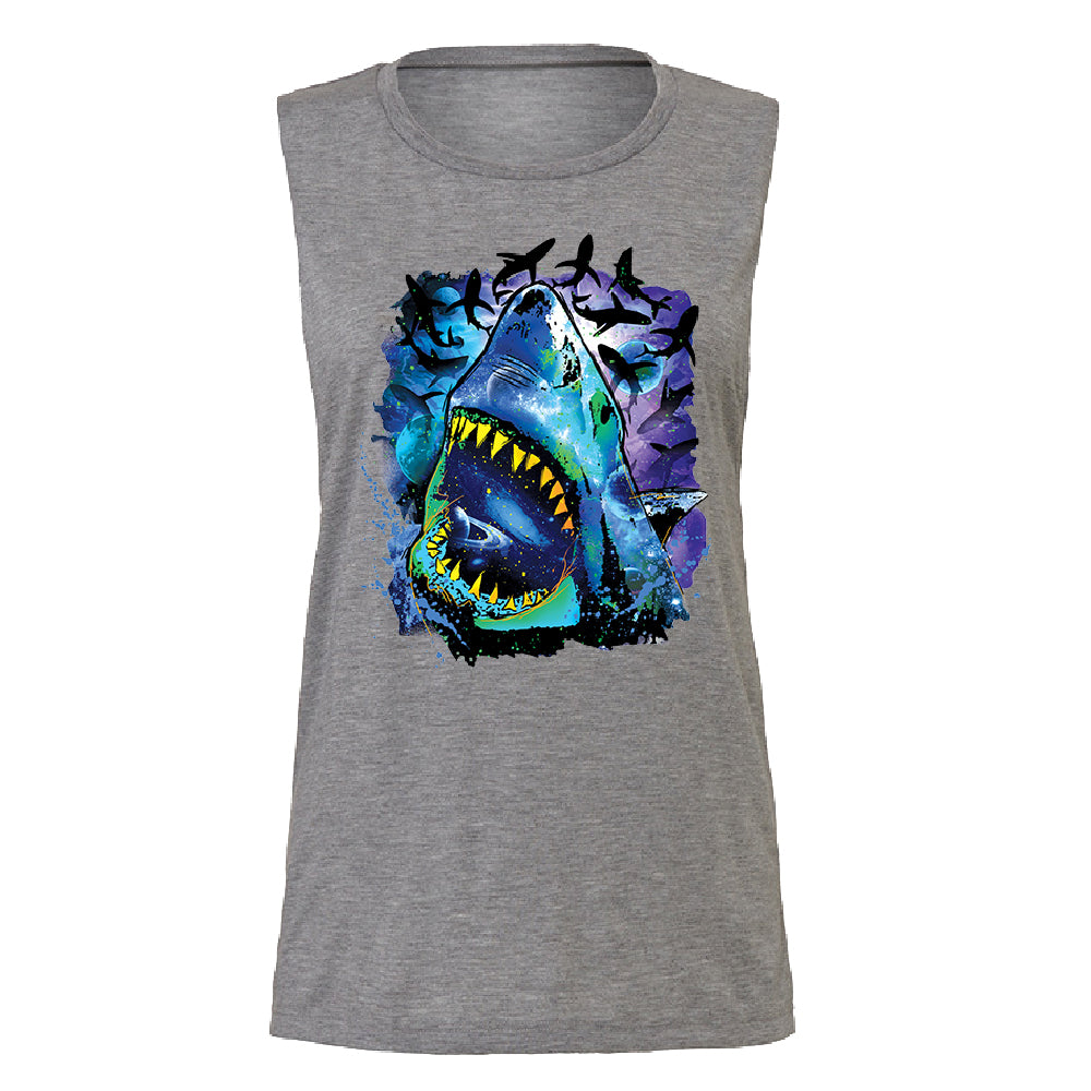 Neon Black Light Cosmo Shark Women's Muscle Tank Ocean Nebula Sharks Tee 