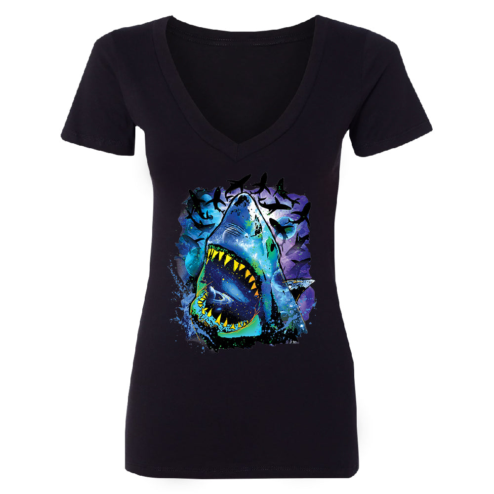 Neon Black Light Cosmo Shark Women's Deep V-neck Ocean Nebula Sharks Tee 