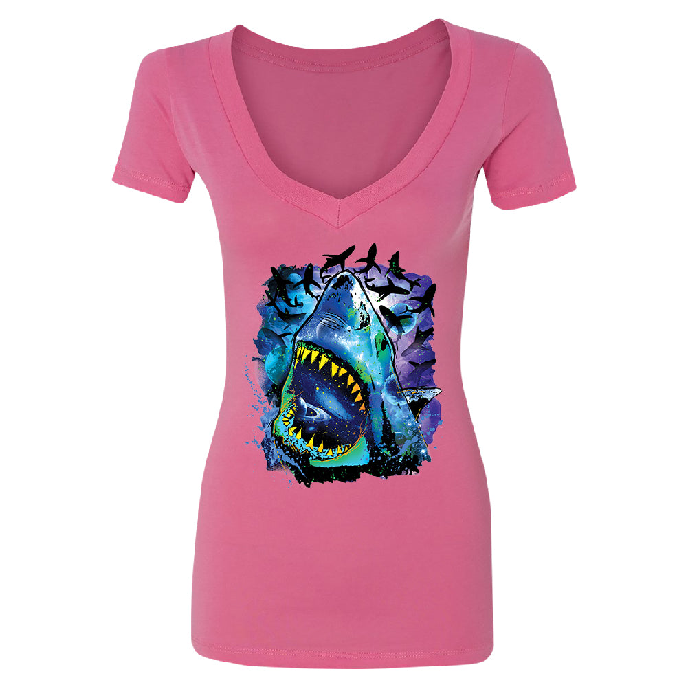 Neon Black Light Cosmo Shark Women's Deep V-neck Ocean Nebula Sharks Tee 