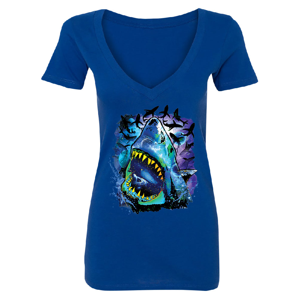 Neon Black Light Cosmo Shark Women's Deep V-neck Ocean Nebula Sharks Tee 