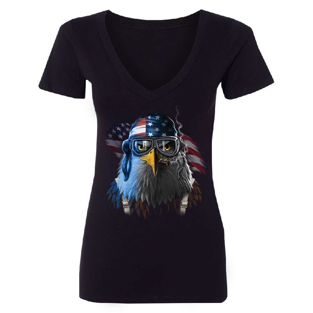 Freeodom Fighther American Eagle Women's Deep V-neck 4th of July USA Tee 