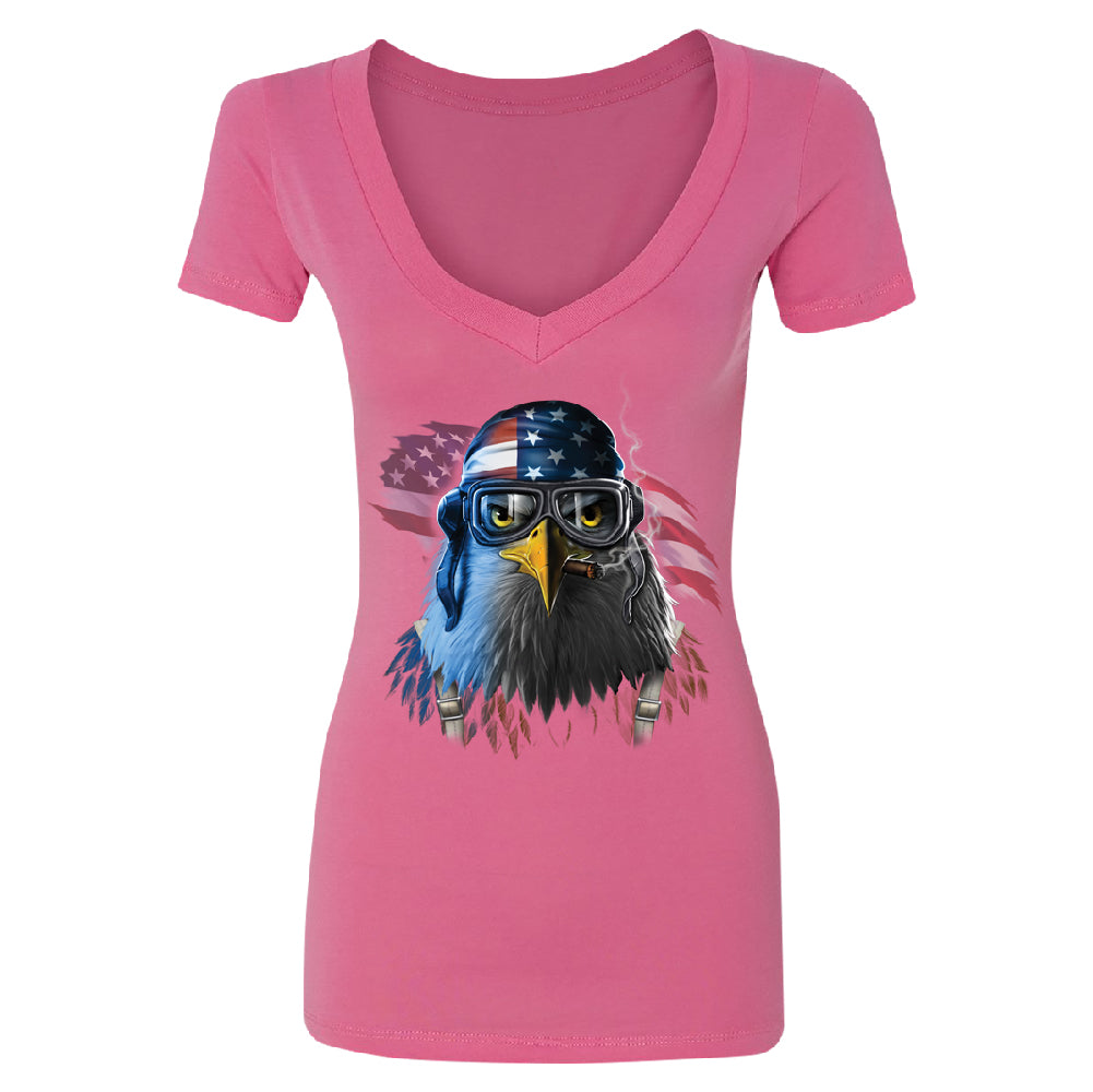 Freeodom Fighther American Eagle Women's Deep V-neck 4th of July USA Tee 