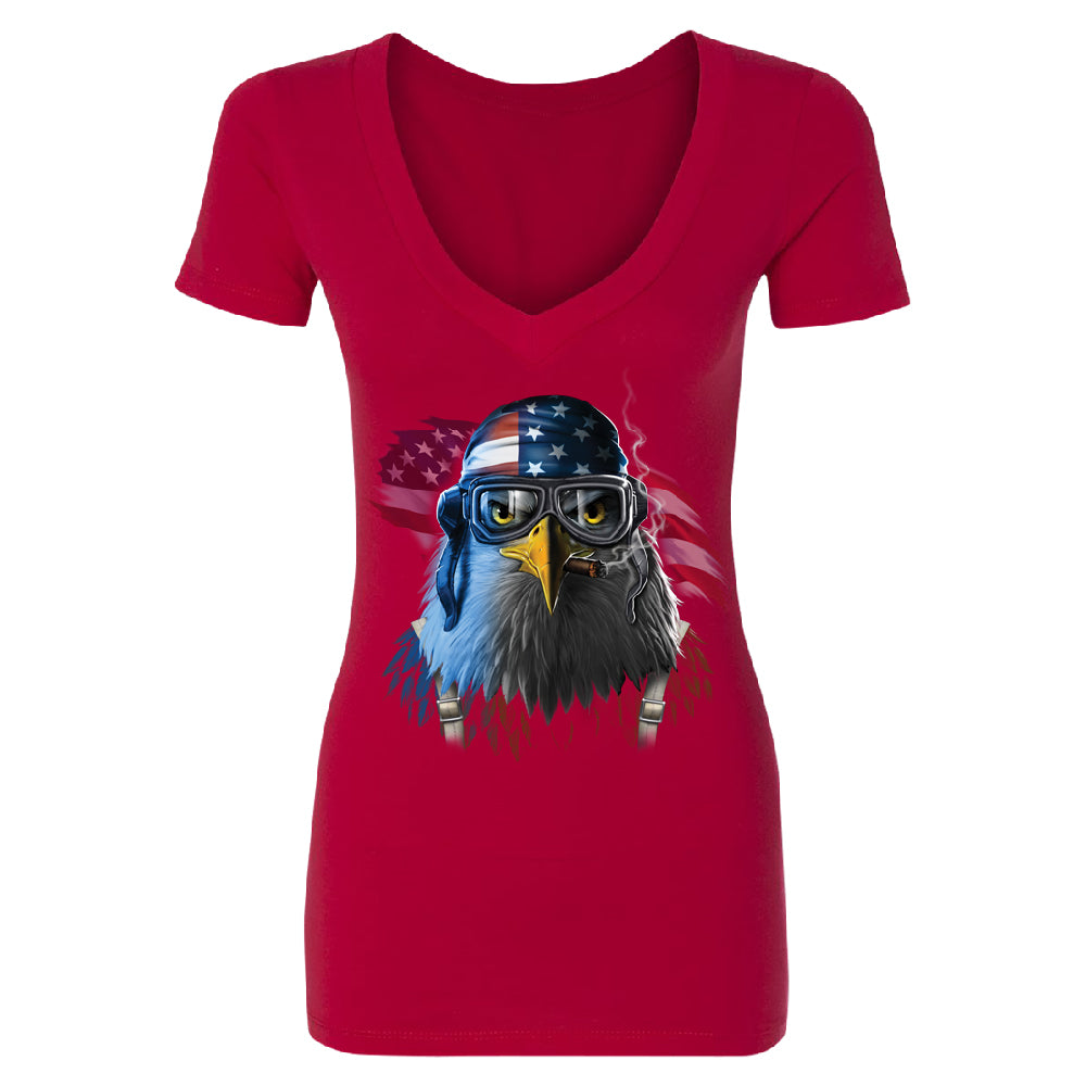 Freeodom Fighther American Eagle Women's Deep V-neck 4th of July USA Tee 