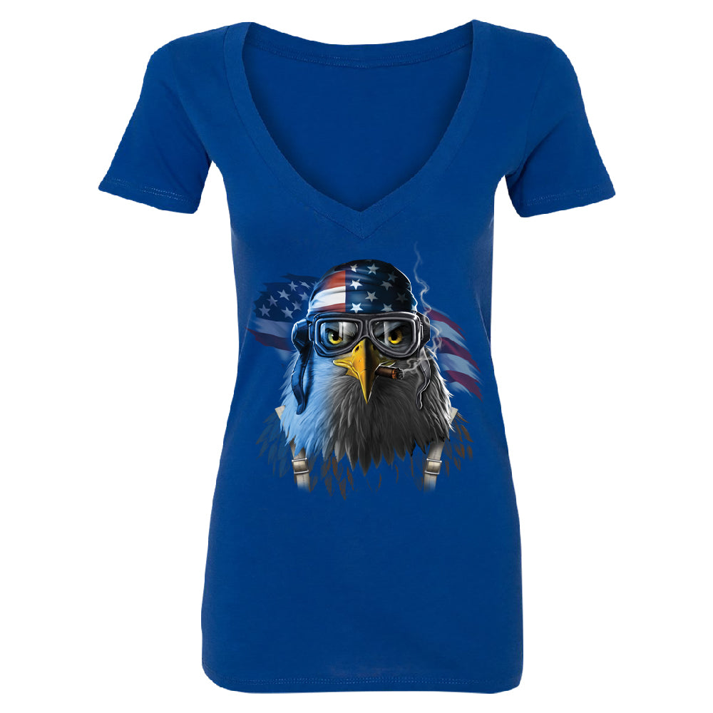 Freeodom Fighther American Eagle Women's Deep V-neck 4th of July USA Tee 