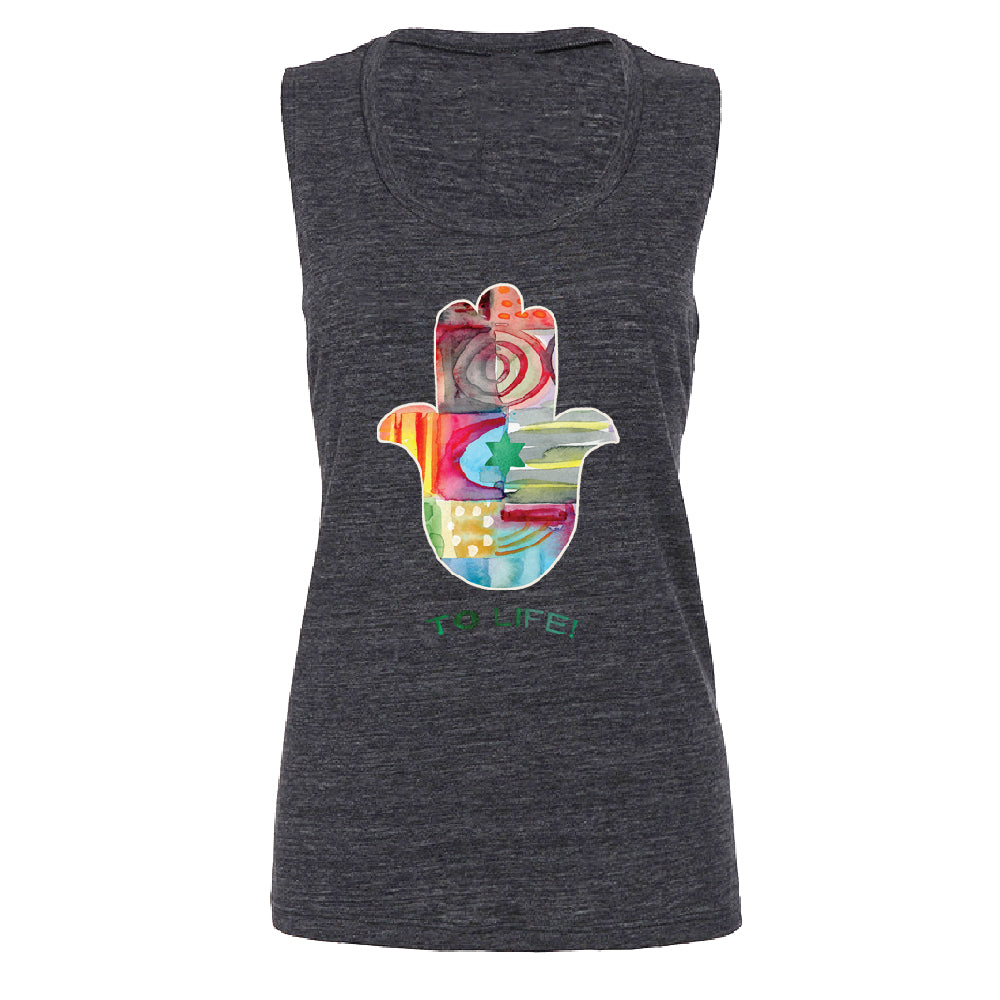 To Life Hamsa Hand Colorful Women's Muscle Tank Hand of Fatima Evil Eye Tee 