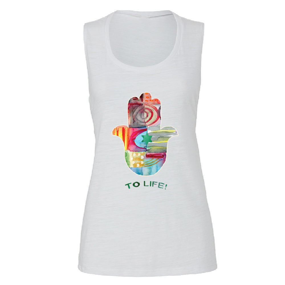 To Life Hamsa Hand Colorful Women's Muscle Tank Hand of Fatima Evil Eye Tee 