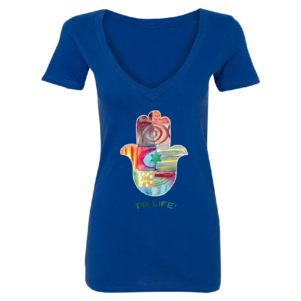 To Life Hamsa Hand Colorful Women's Deep V-neck Hand of Fatima Evil Eye Tee 