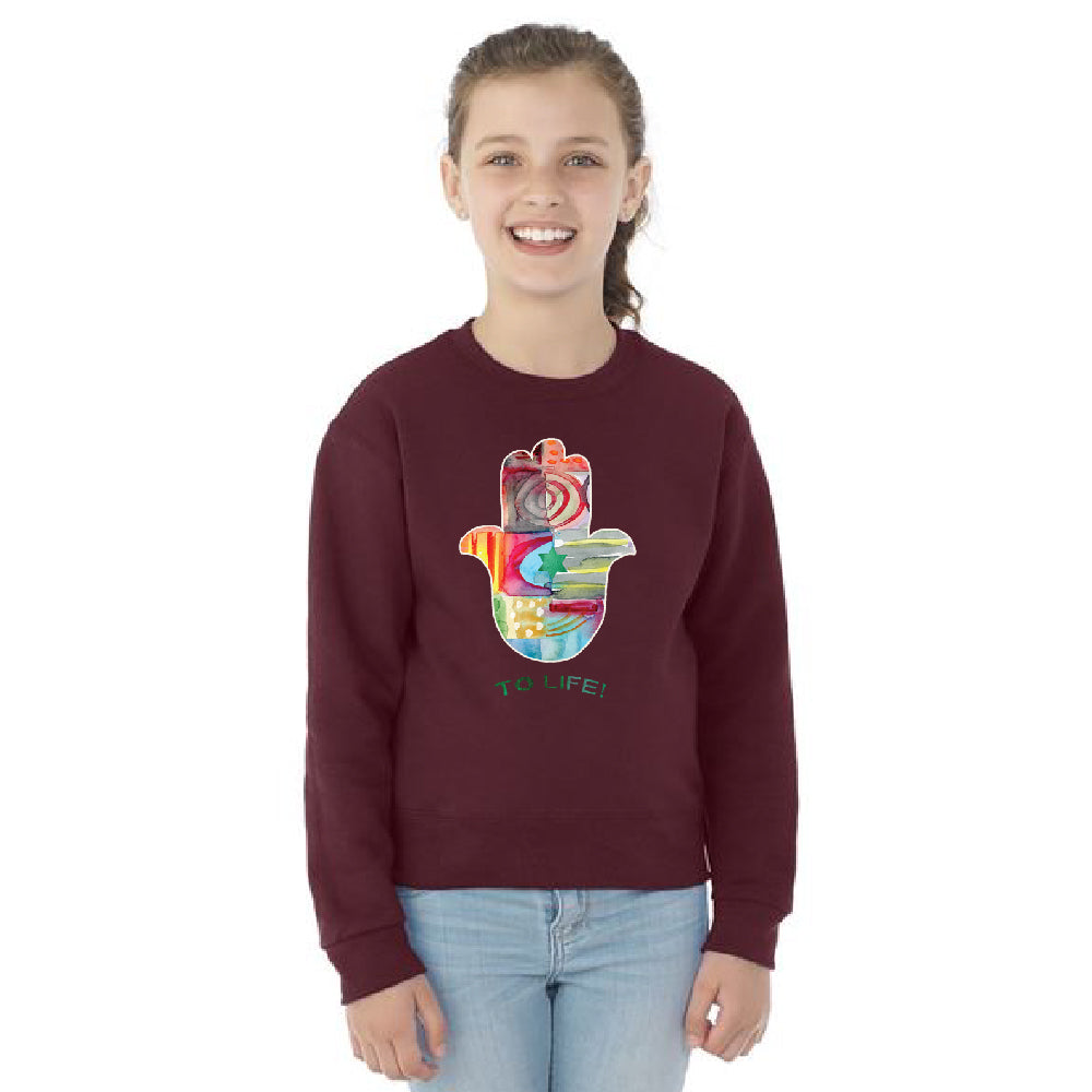 To Life Hamsa Hand Colorful Youth Crewneck Hand of Fatima Evil Eye SweatShirt 