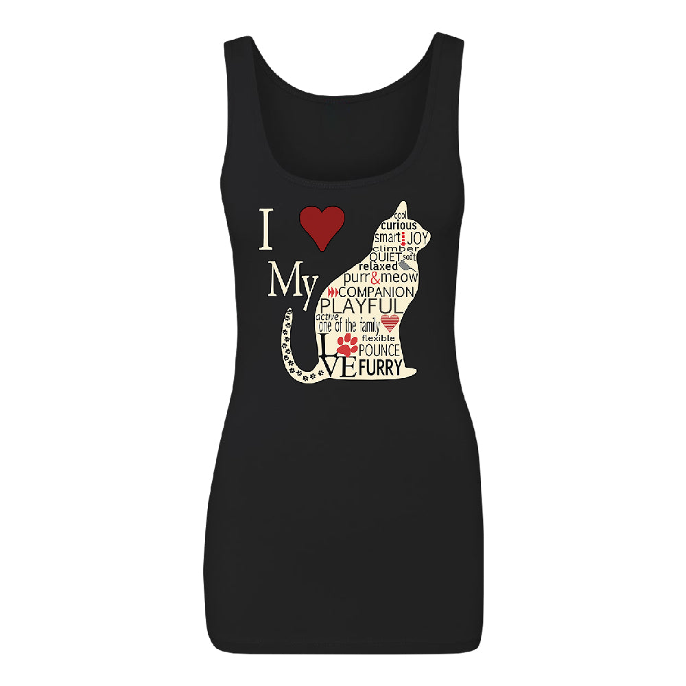 I Love My Cat Women's Tank Top Furry Playful Cat Silhouette Shirt 