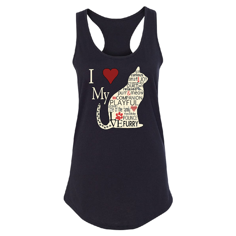 I Love My Cat Women's Racerback Furry Playful Cat Silhouette Shirt 