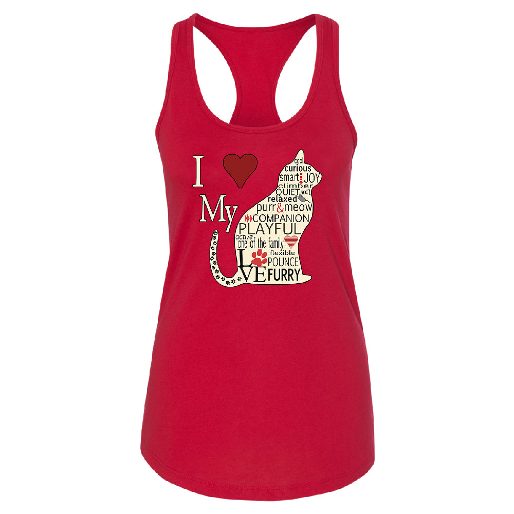 I Love My Cat Women's Racerback Furry Playful Cat Silhouette Shirt 