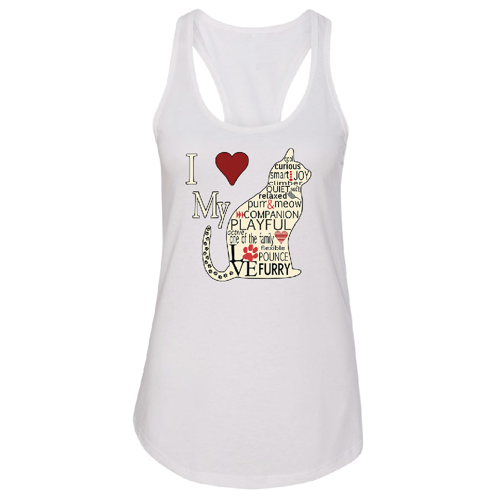 I Love My Cat Women's Racerback Furry Playful Cat Silhouette Shirt 