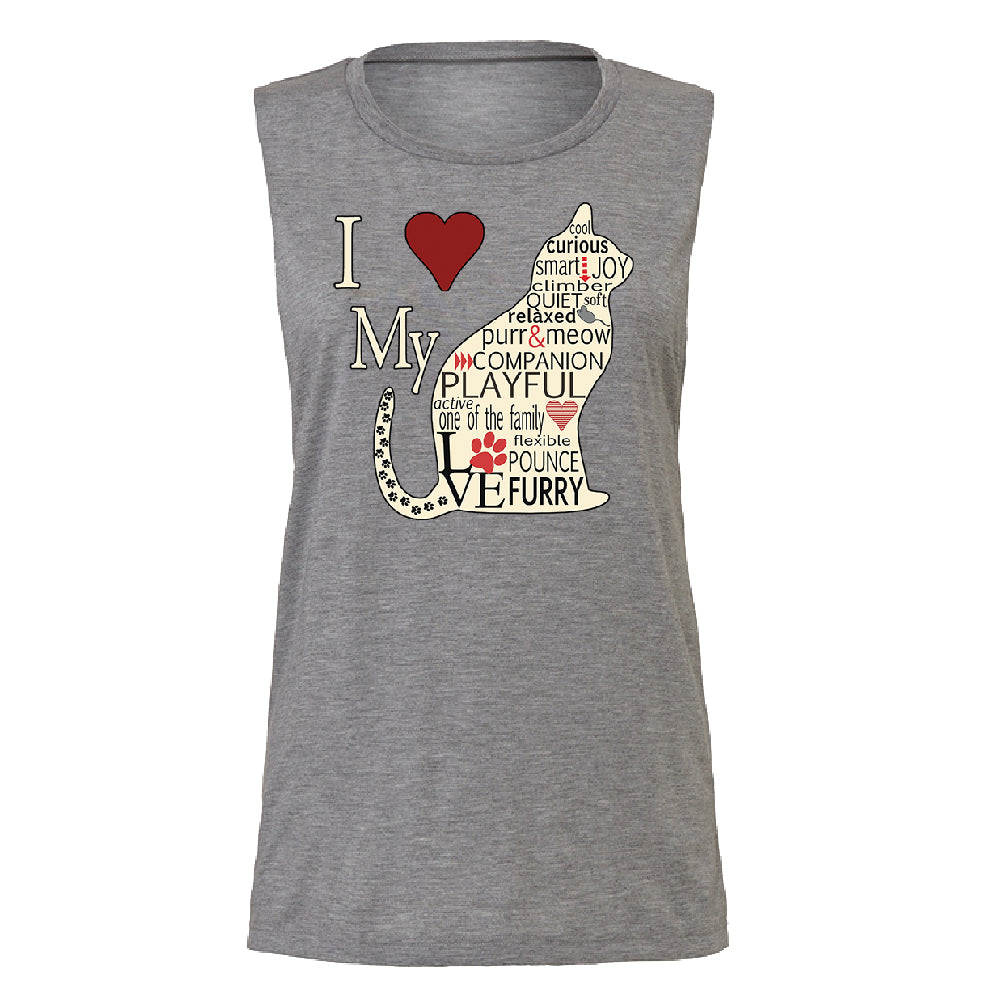 I Love My Cat Women's Muscle Tank Furry Playful Cat Silhouette Tee 