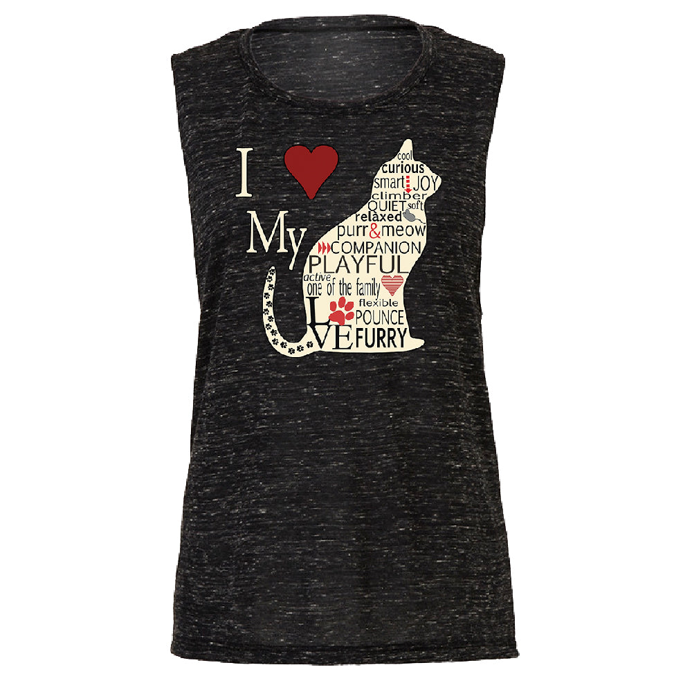 I Love My Cat Women's Muscle Tank Furry Playful Cat Silhouette Tee 
