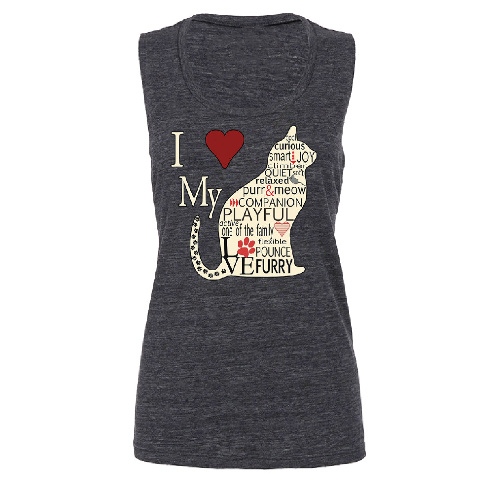 I Love My Cat Women's Muscle Tank Furry Playful Cat Silhouette Tee 