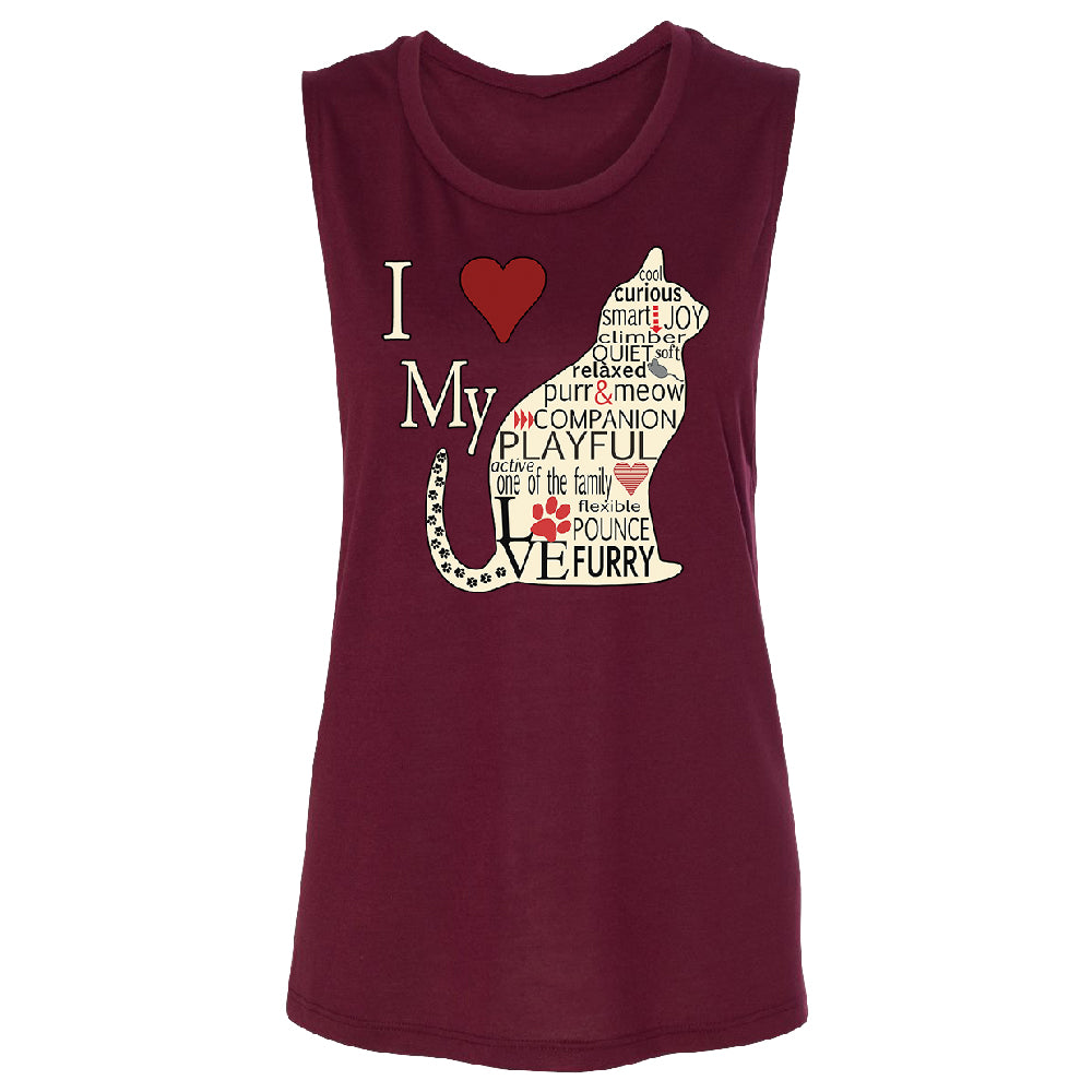 I Love My Cat Women's Muscle Tank Furry Playful Cat Silhouette Tee 