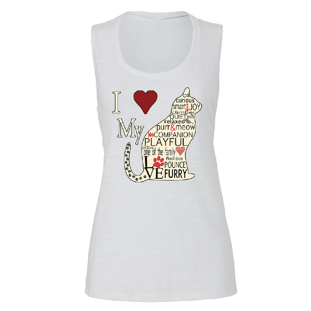 I Love My Cat Women's Muscle Tank Furry Playful Cat Silhouette Tee 