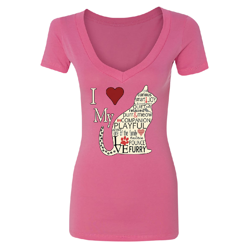 I Love My Cat Women's Deep V-neck Furry Playful Cat Silhouette Tee 