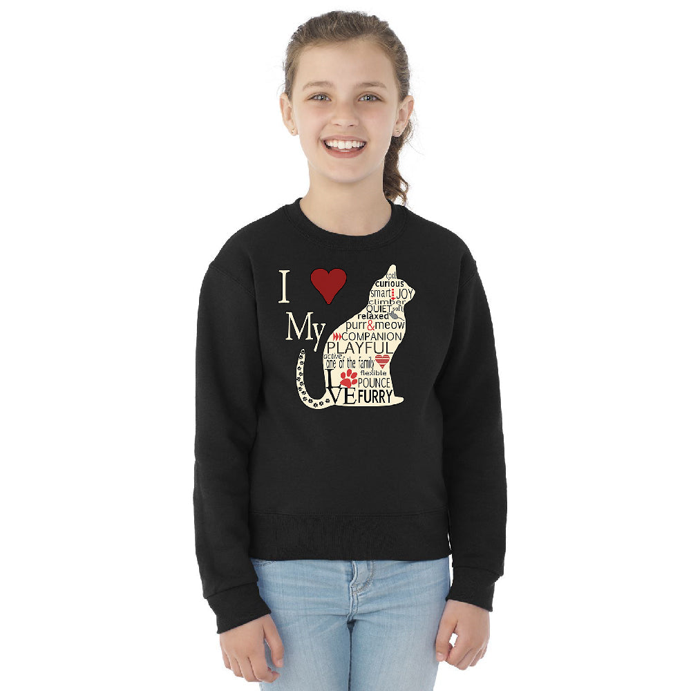 I Love My Cat Youth Crewneck Furry Playful Cat Silhouette SweatShirt 