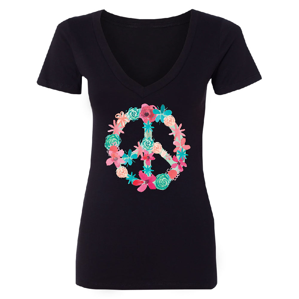 Floral Peace Sign Garden Nature Women's Deep V-neck Colored Flowers Tee 